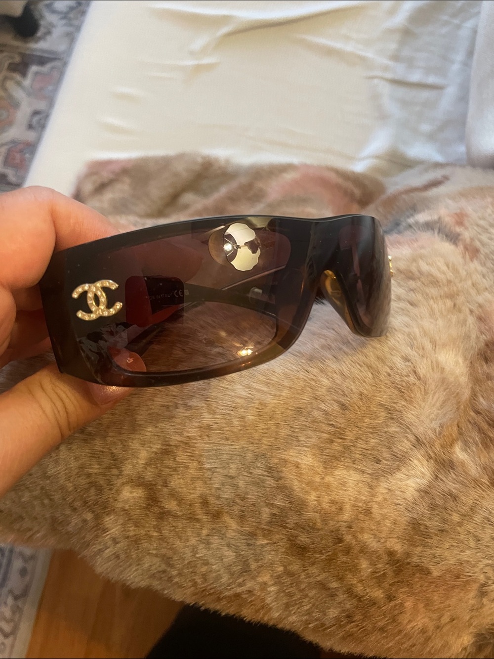 CHANEL Brown Shield Sunglasses with Gold CC Logo Accents